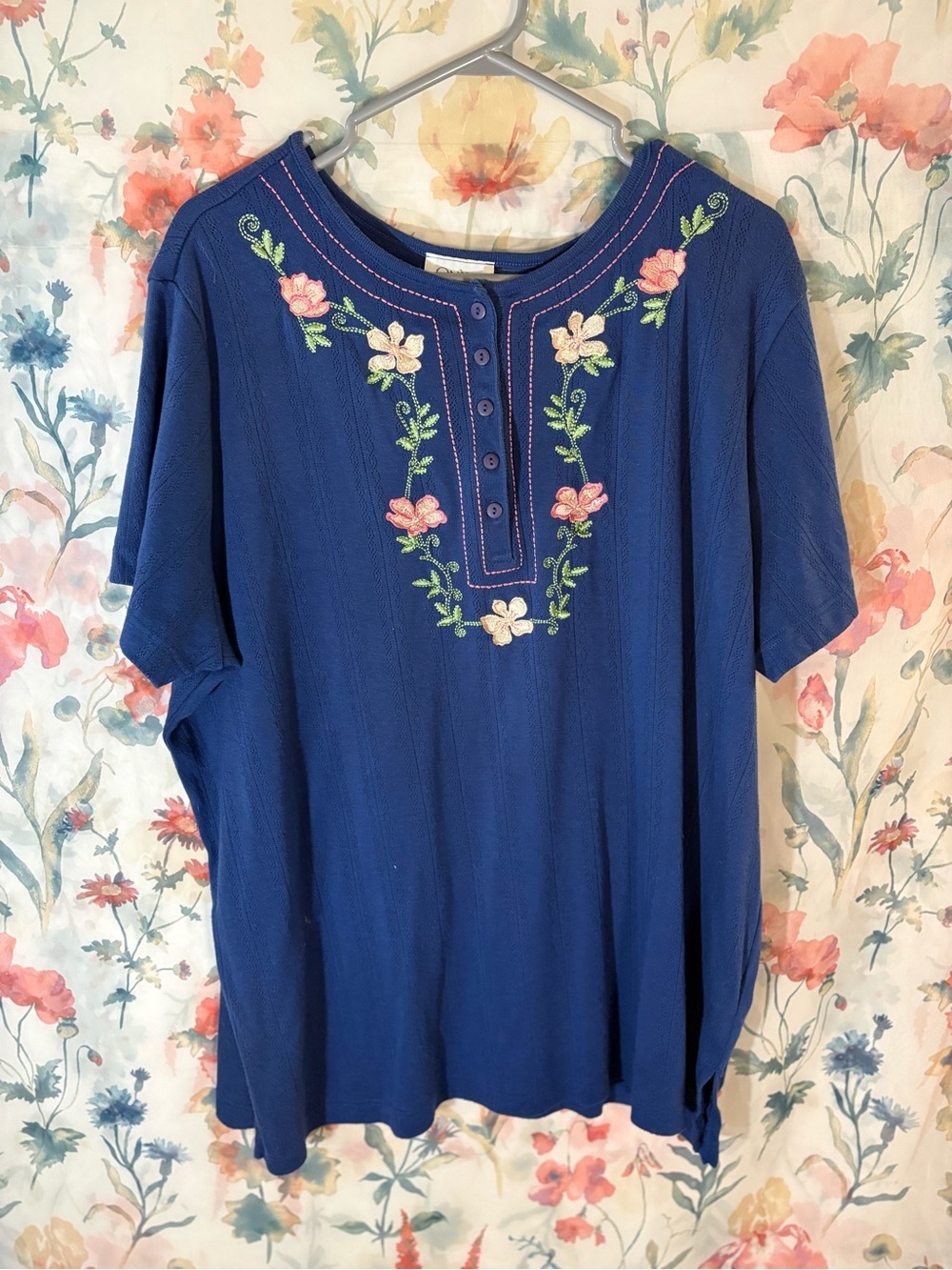 Vintage Embroidered Floral Detail Blue Women’s Top